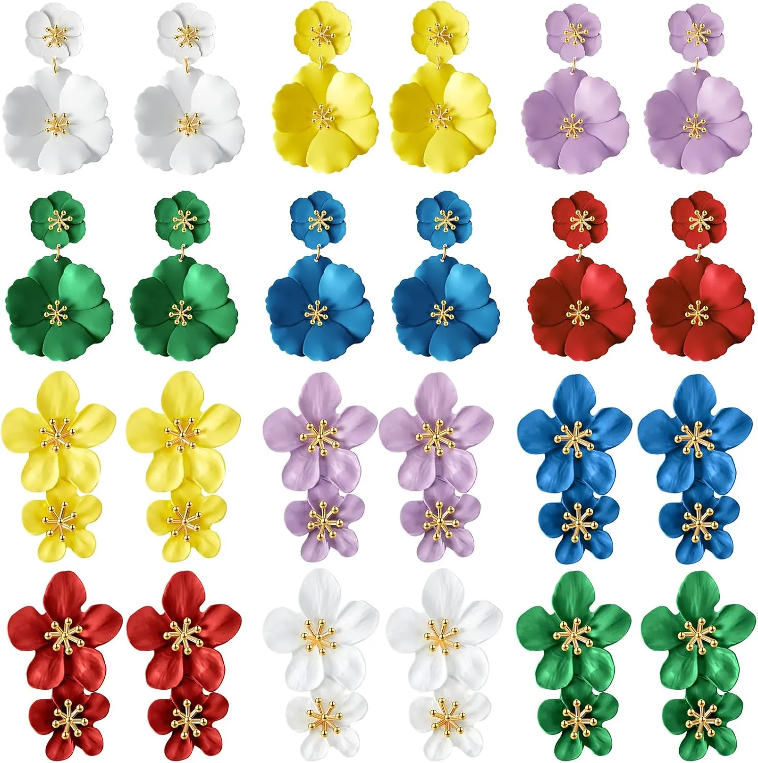 12 Pairs Boho Double Flower Matt Earring Layered Floral Petal Drop Earrings Tiered Floral Daisy Statement Earrings Flower Dangle Earrings for Women Girls