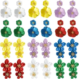 12 Pairs Boho Double Flower Matt Earring Layered Floral Petal Drop Earrings Tiered Floral Daisy Statement Earrings Flower Dangle Earrings for Women Girls