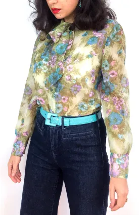 70s vintage sheer floral print blouse