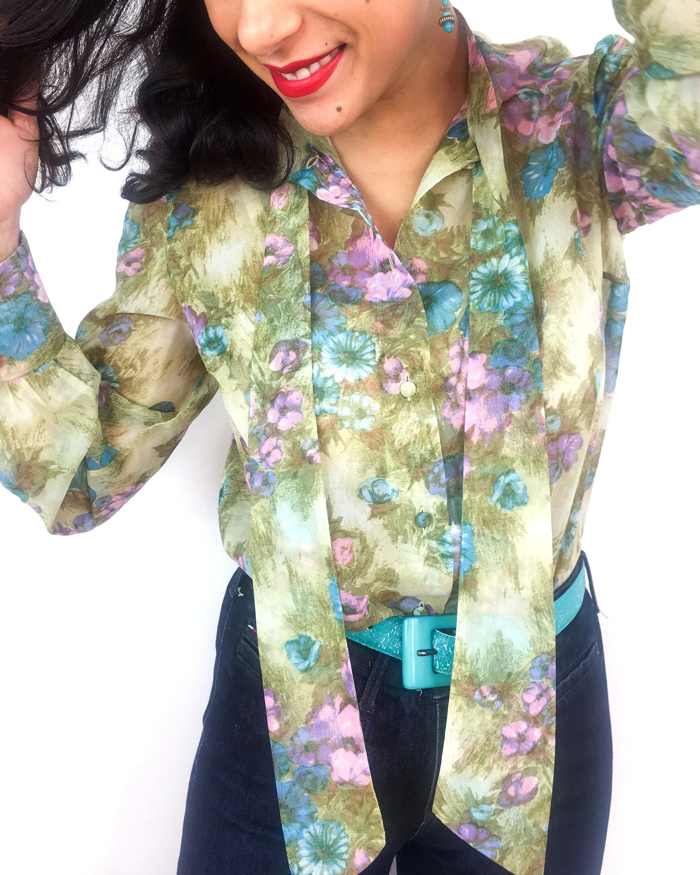 70s vintage sheer floral print blouse