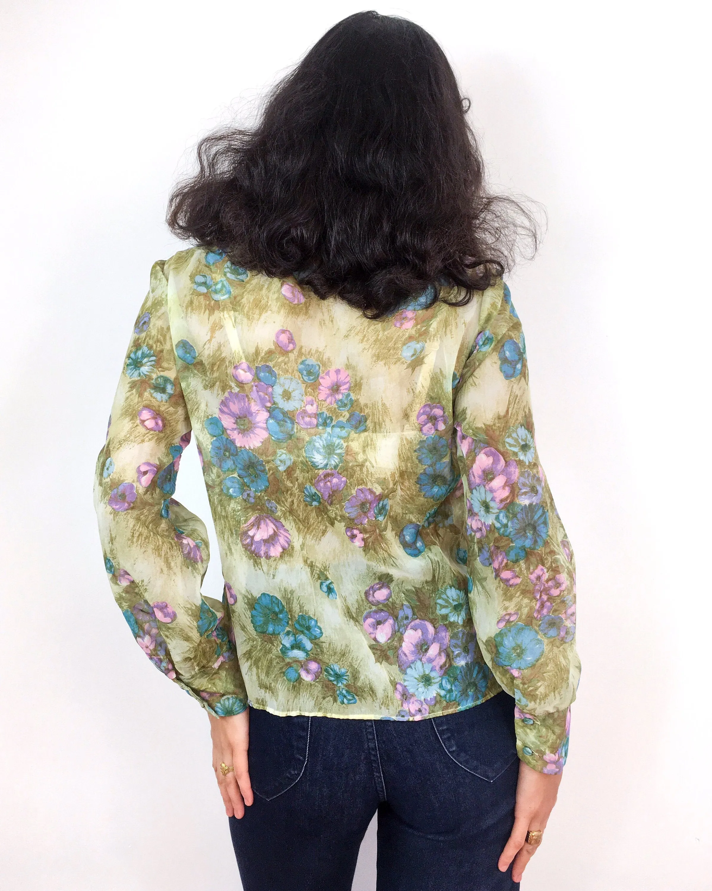 70s vintage sheer floral print blouse