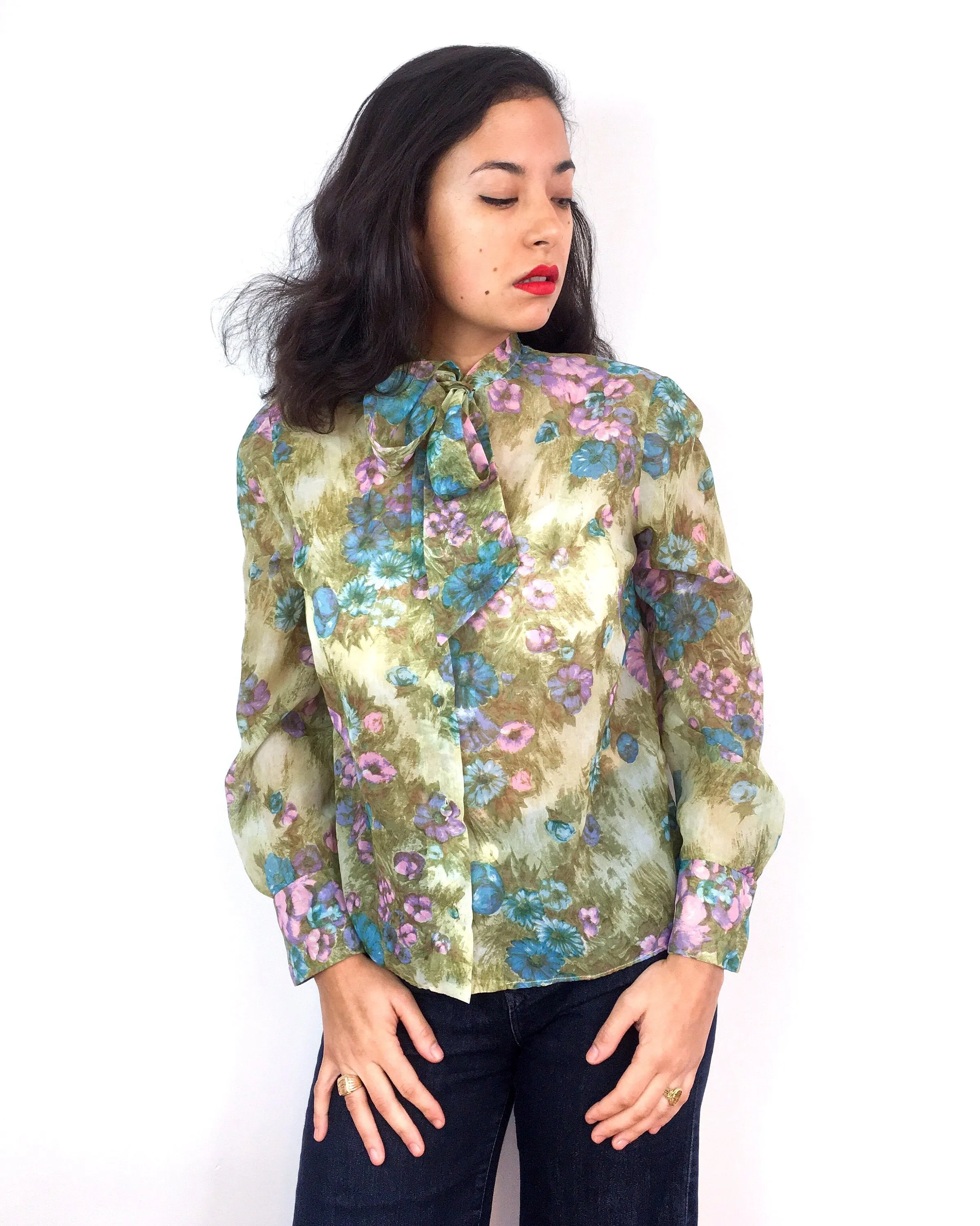 70s vintage sheer floral print blouse