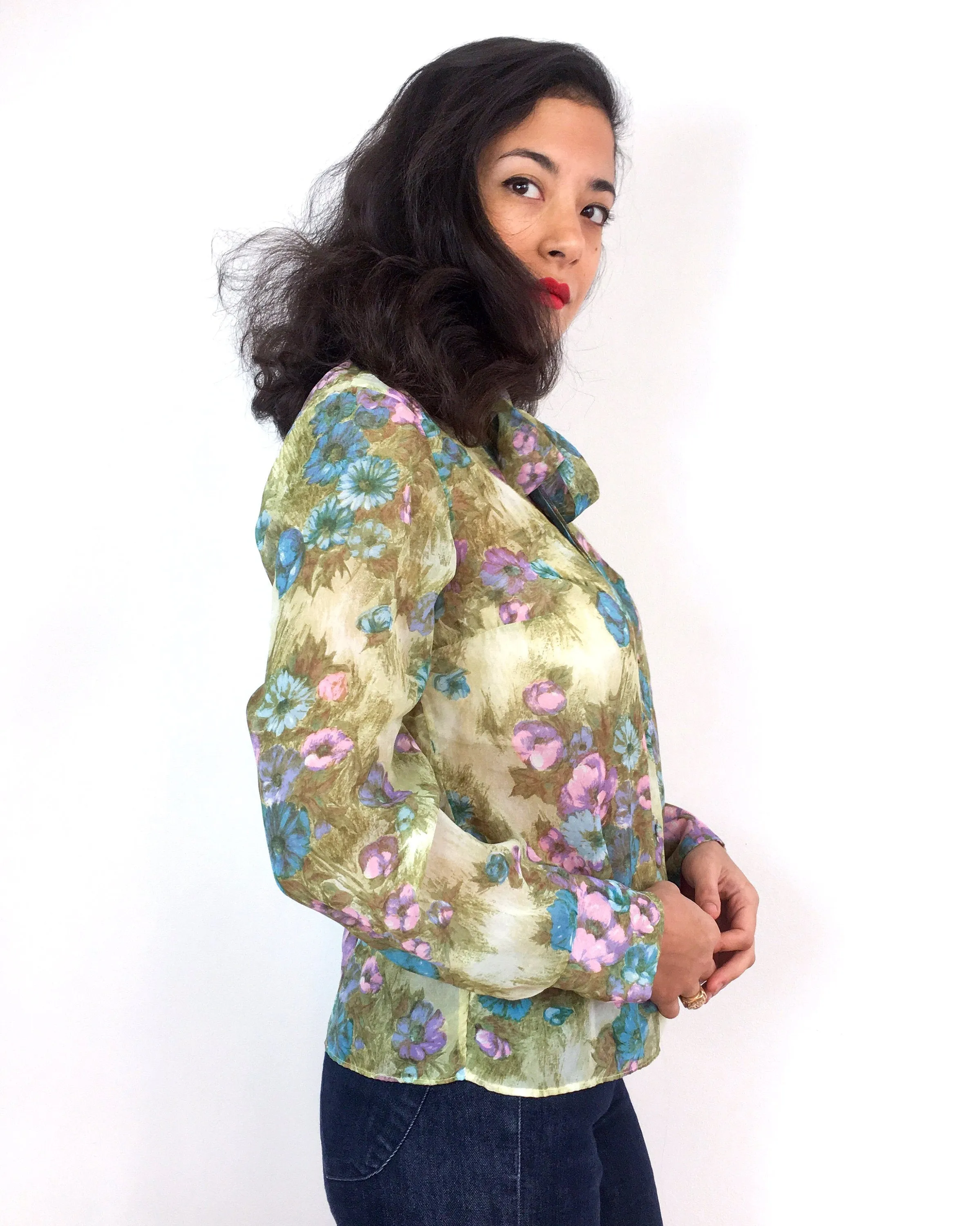70s vintage sheer floral print blouse