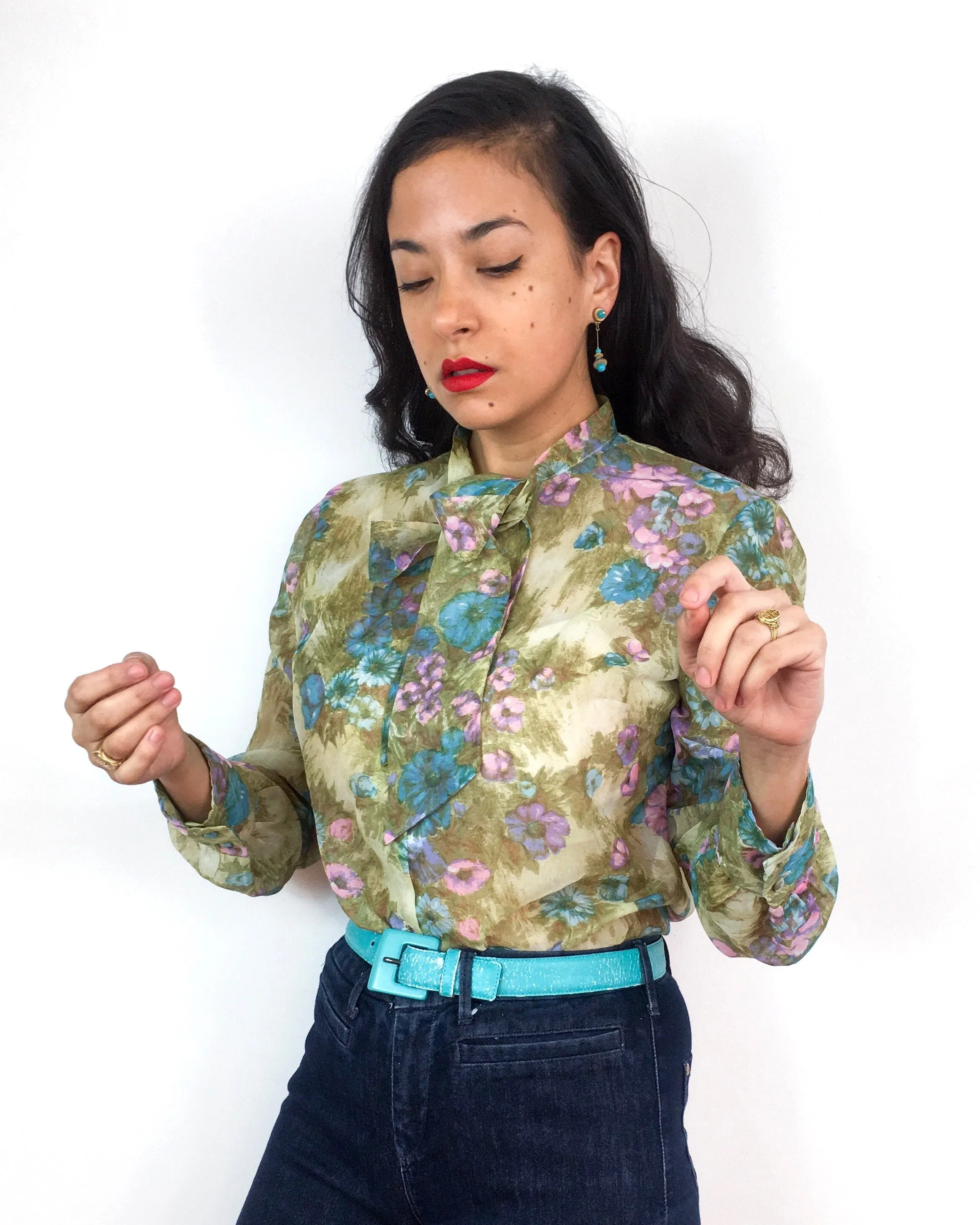 70s vintage sheer floral print blouse