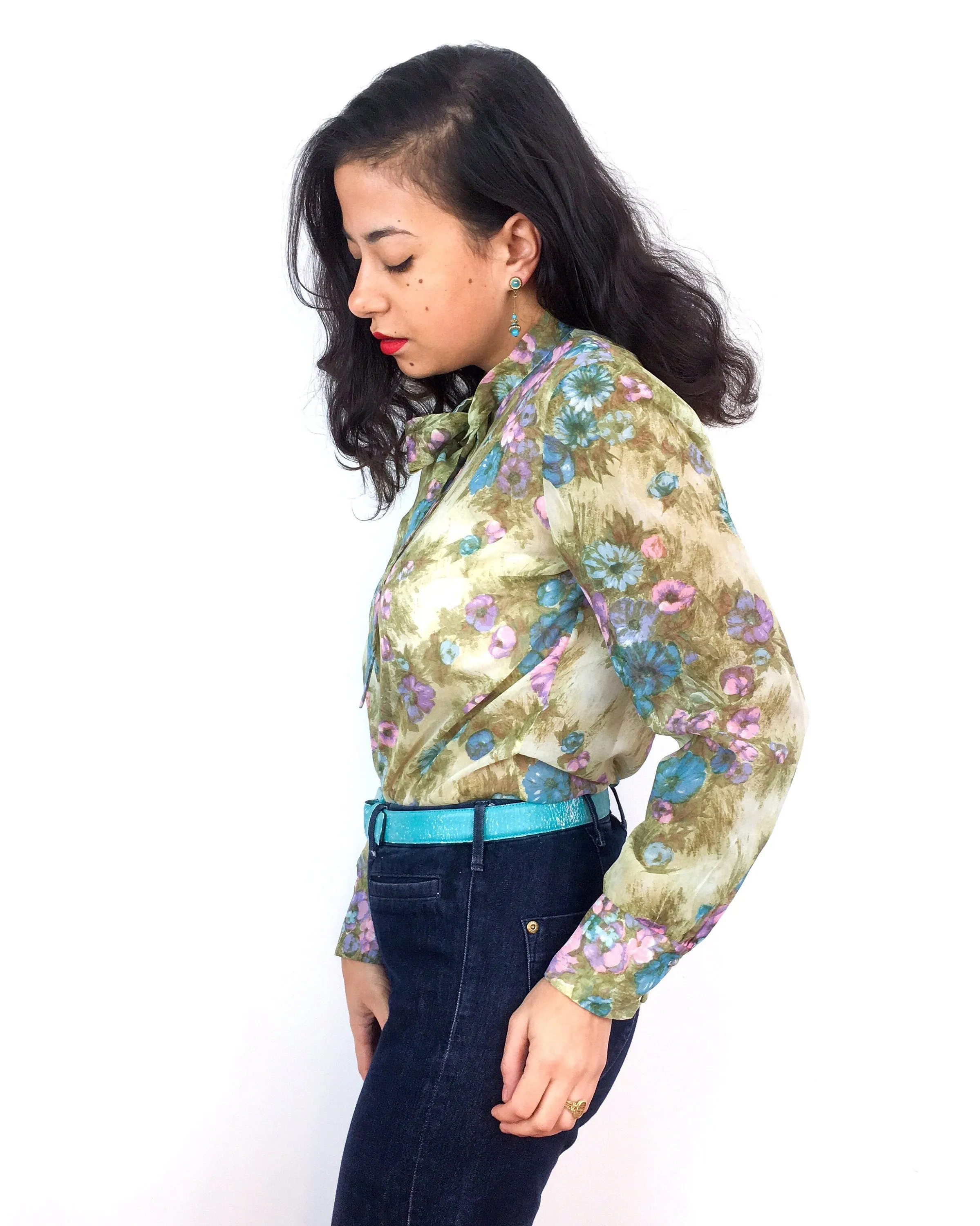 70s vintage sheer floral print blouse