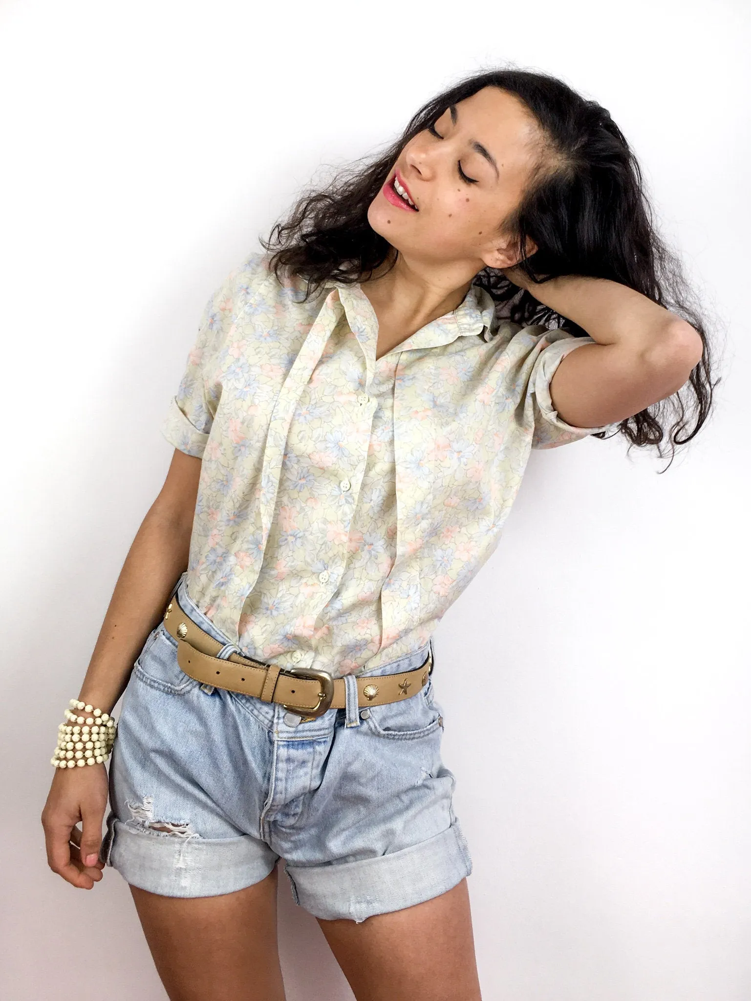 80s vintage floral print shirt, pastel tones