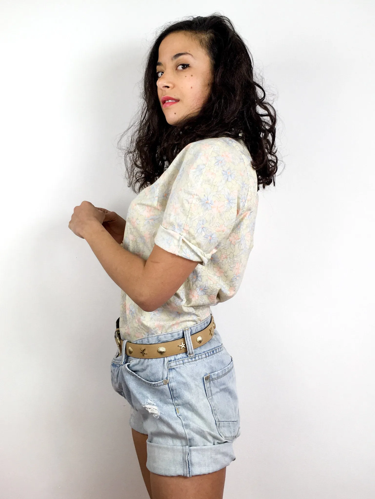 80s vintage floral print shirt, pastel tones