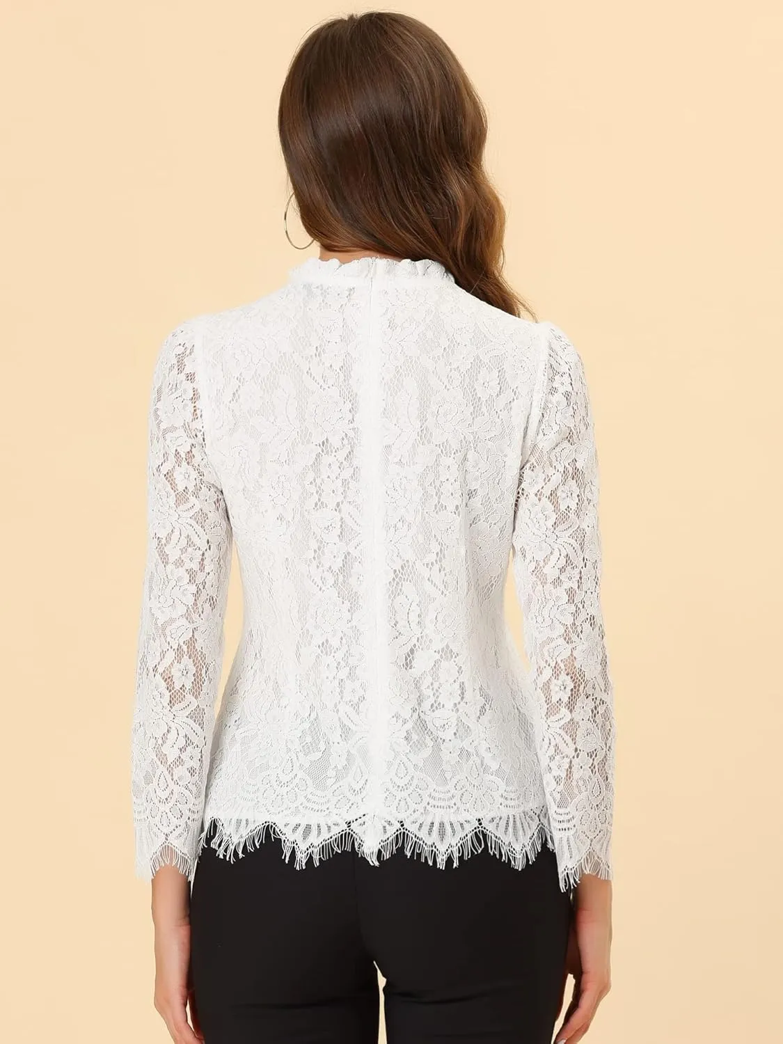 Allegra K Women's Lace Top Long Sleeve Ruffle Neck Floral Blouse