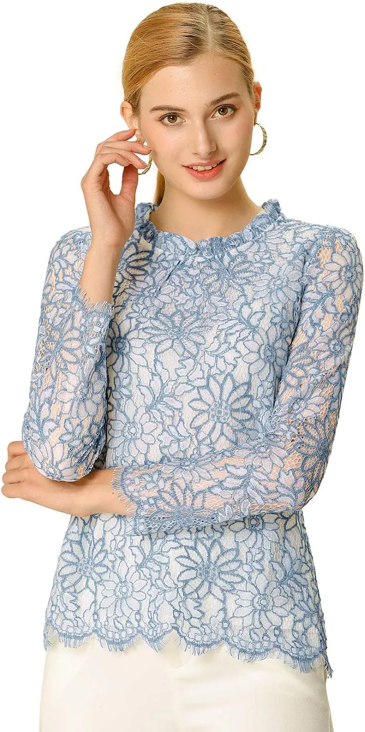 Allegra K Women's Lace Top Long Sleeve Ruffle Neck Floral Blouse