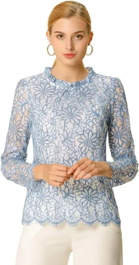Allegra K Women's Lace Top Long Sleeve Ruffle Neck Floral Blouse
