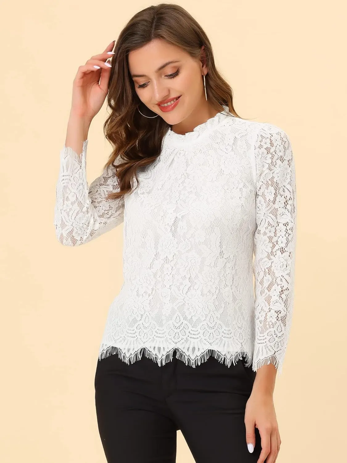 Allegra K Women's Lace Top Long Sleeve Ruffle Neck Floral Blouse