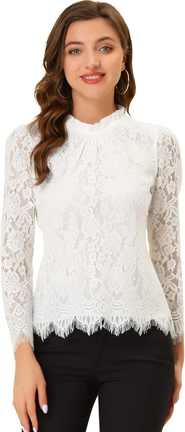 Allegra K Women's Lace Top Long Sleeve Ruffle Neck Floral Blouse