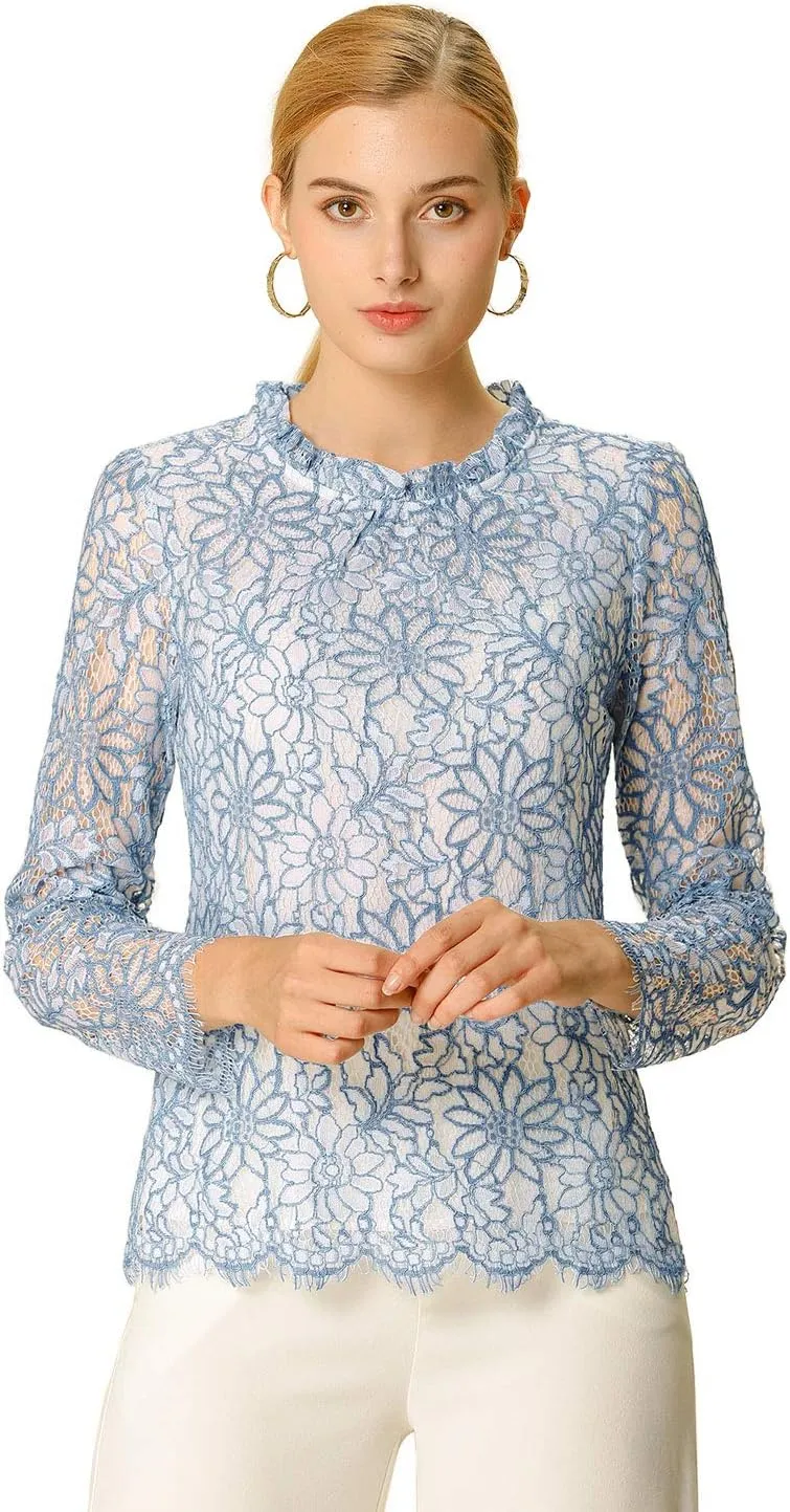 Allegra K Women's Lace Top Long Sleeve Ruffle Neck Floral Blouse