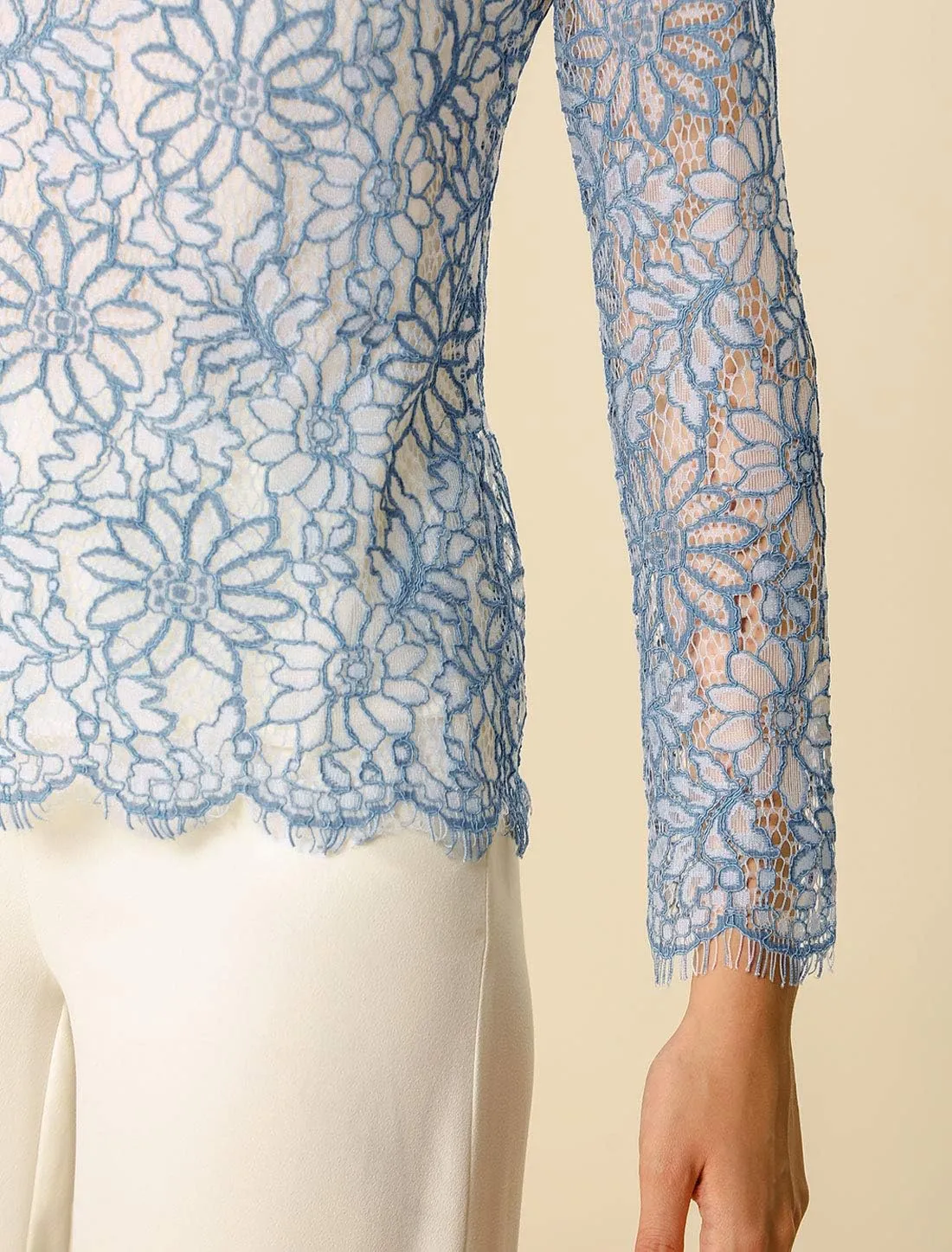 Allegra K Women's Lace Top Long Sleeve Ruffle Neck Floral Blouse