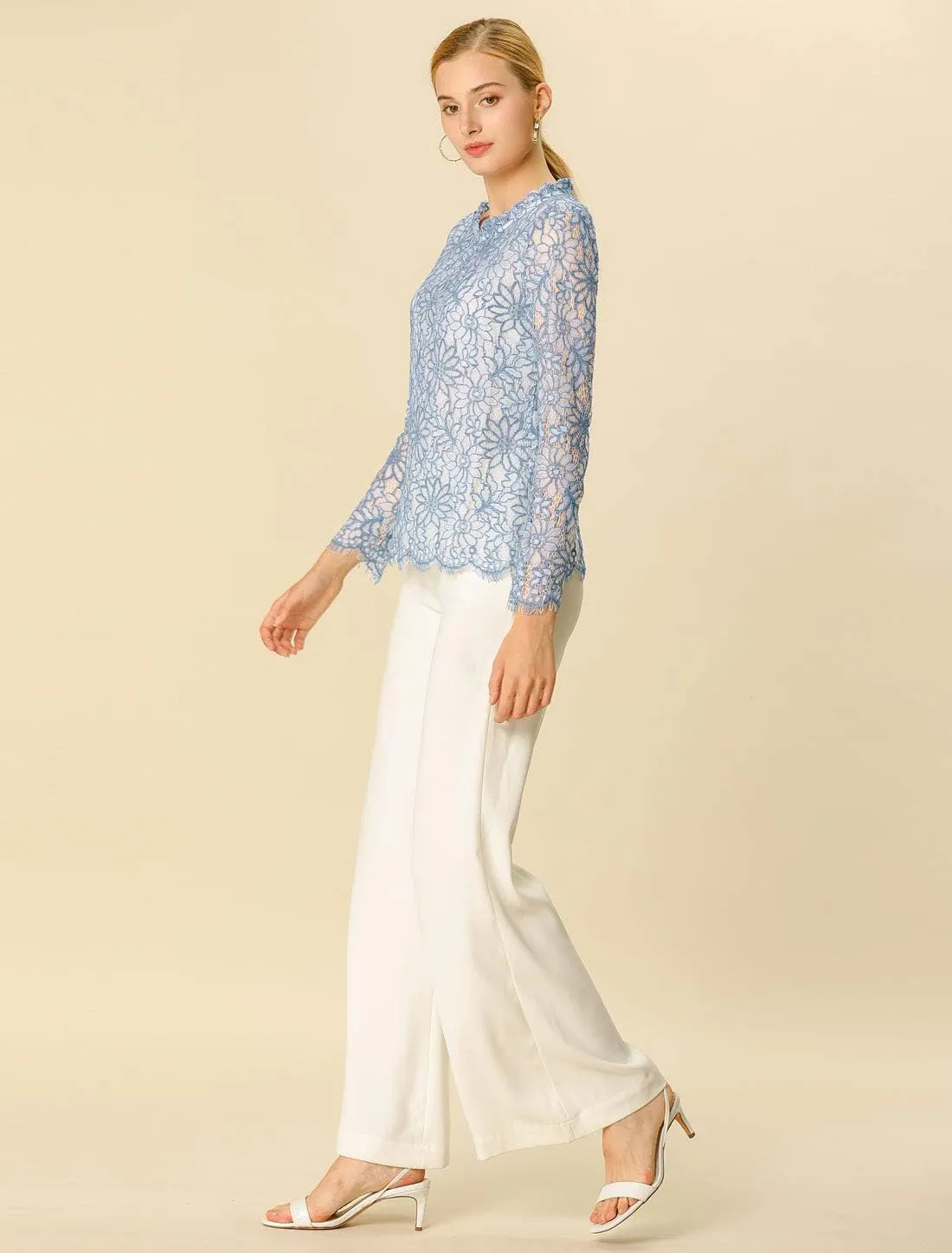 Allegra K Women's Lace Top Long Sleeve Ruffle Neck Floral Blouse