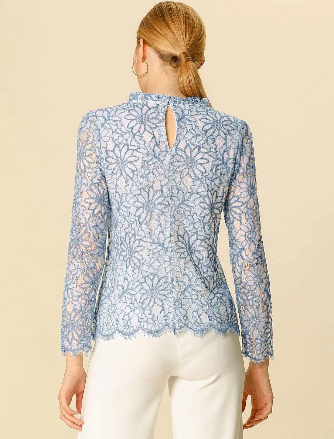 Allegra K Women's Lace Top Long Sleeve Ruffle Neck Floral Blouse
