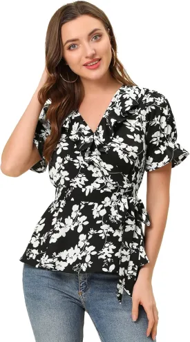 Allegra K Women's Wrap Peplum Top Blouse 2025 Summer Floral Short Sleeve Ruffle V Neck Belted Shirts