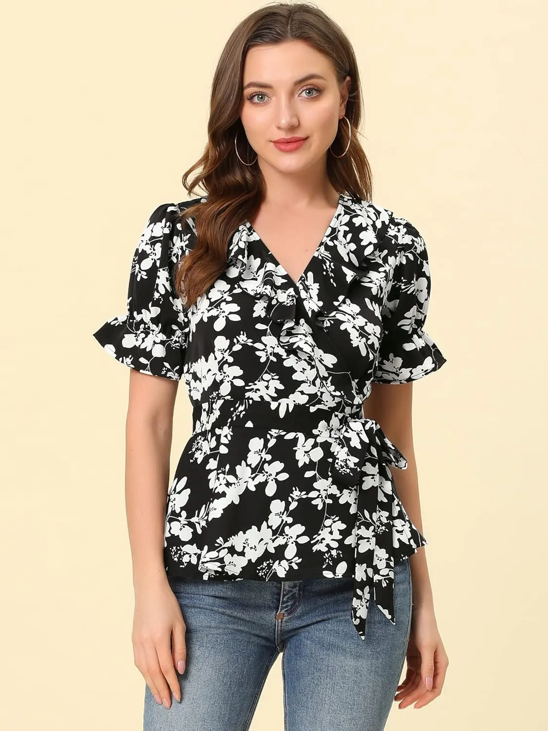 Allegra K Women's Wrap Peplum Top Blouse 2025 Summer Floral Short Sleeve Ruffle V Neck Belted Shirts