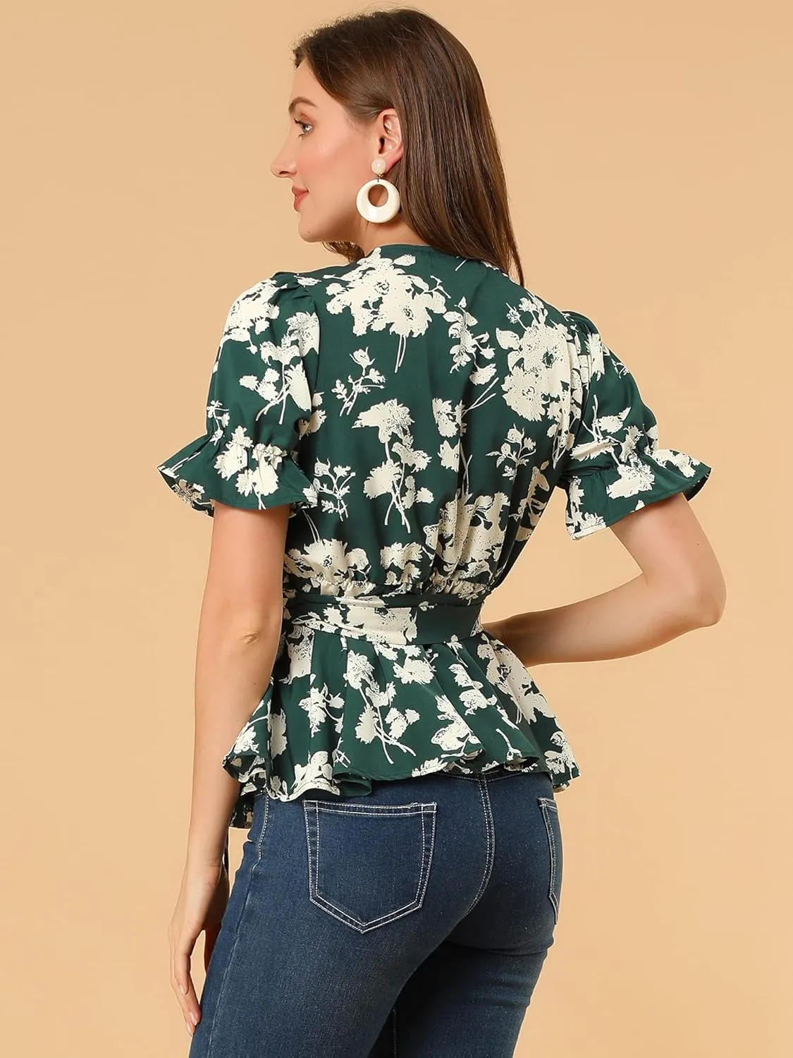 Allegra K Women's Wrap Peplum Top Blouse 2025 Summer Floral Short Sleeve Ruffle V Neck Belted Shirts