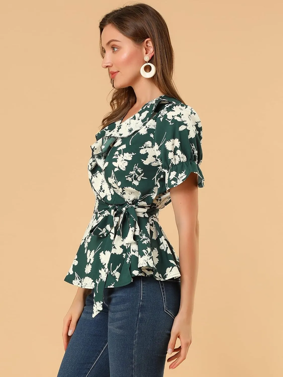 Allegra K Women's Wrap Peplum Top Blouse 2025 Summer Floral Short Sleeve Ruffle V Neck Belted Shirts