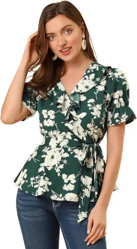 Allegra K Women's Wrap Peplum Top Blouse 2025 Summer Floral Short Sleeve Ruffle V Neck Belted Shirts