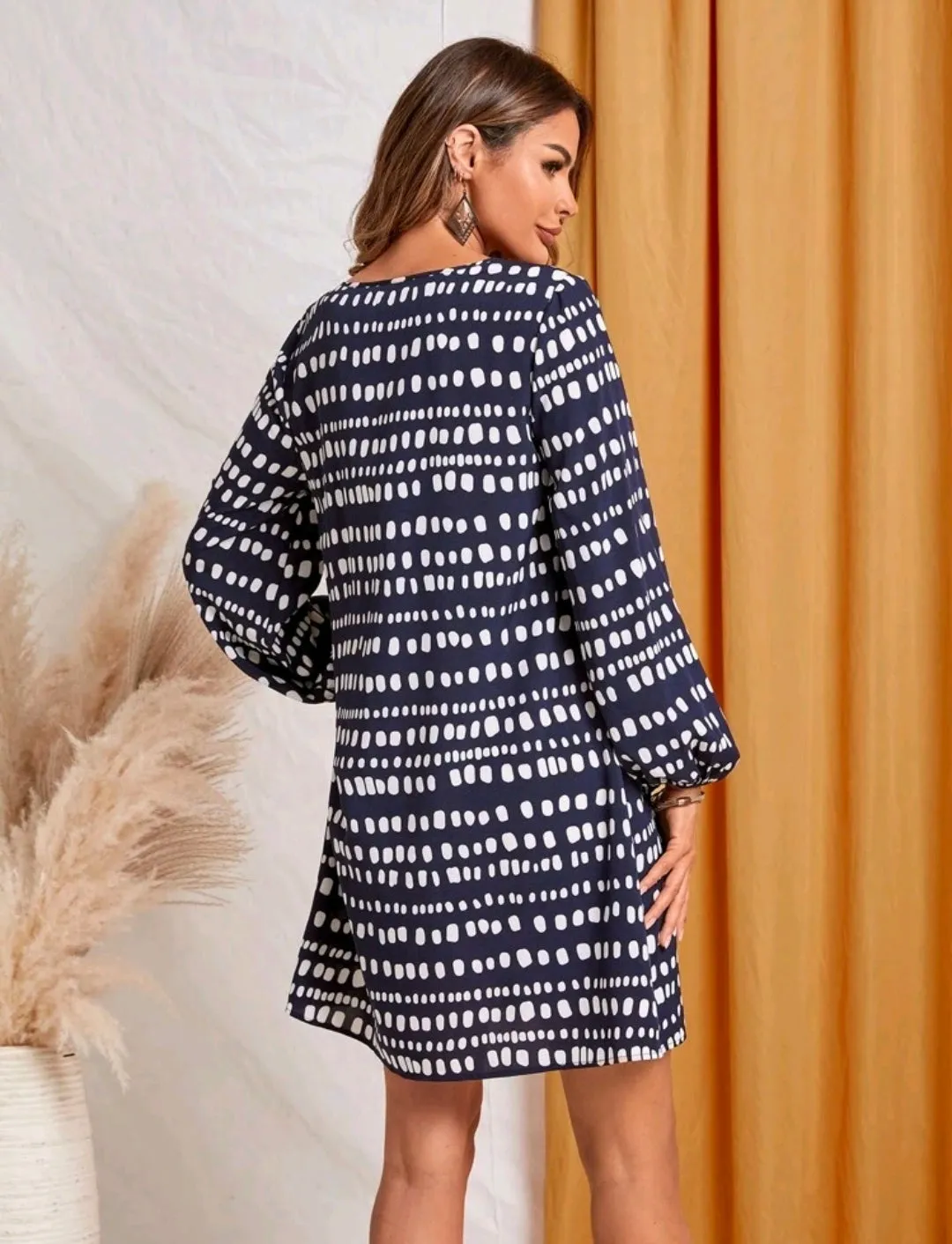 Allover Polka Print Lantern Sleeve Dress