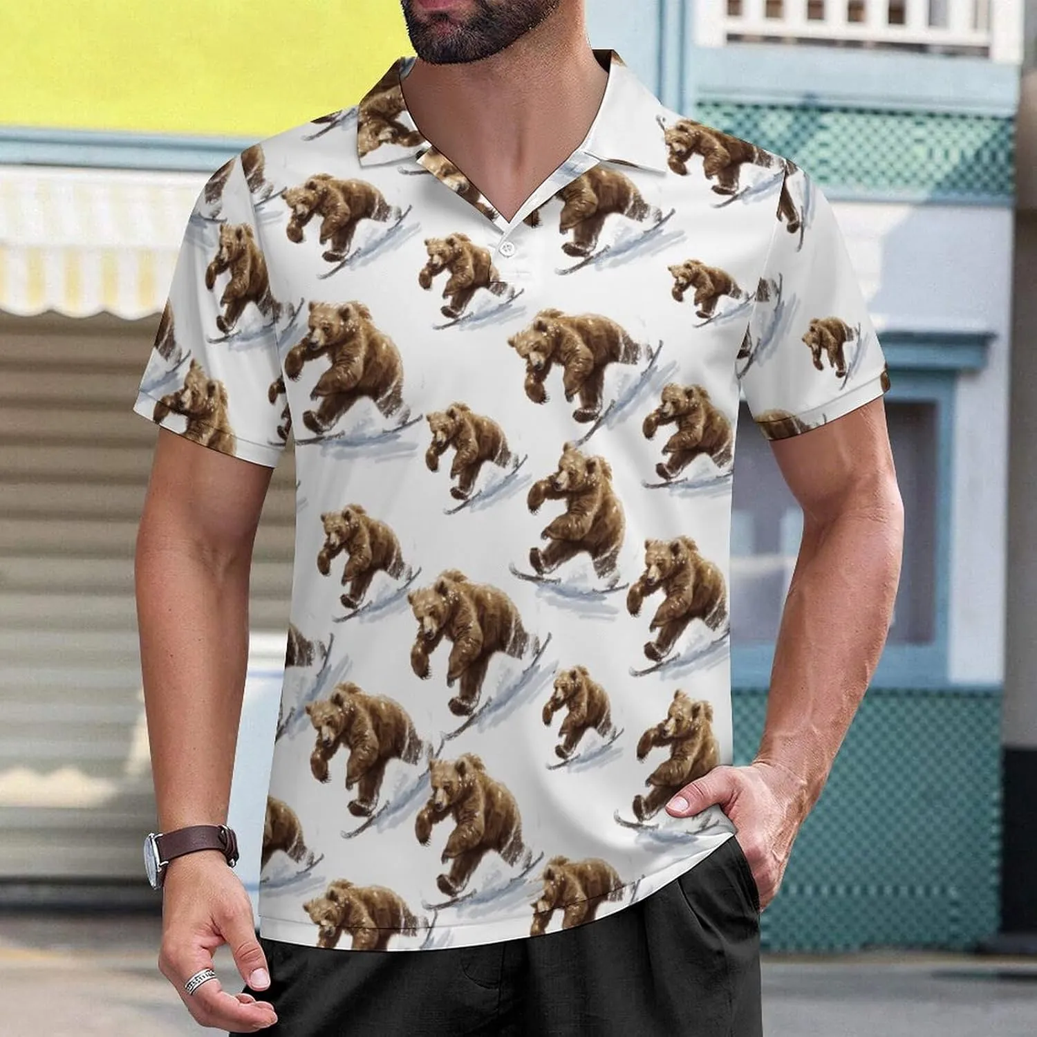 Bear Skating Mens Polo Shirts Short Sleeve Mesh Gym T-Shirt Summer Tee Top