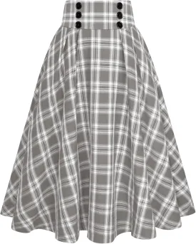 Belle Poque Vintage Plaid Skirt for Women High Waisted Midi A-line Skirts Pleated Skirt with Pockets
