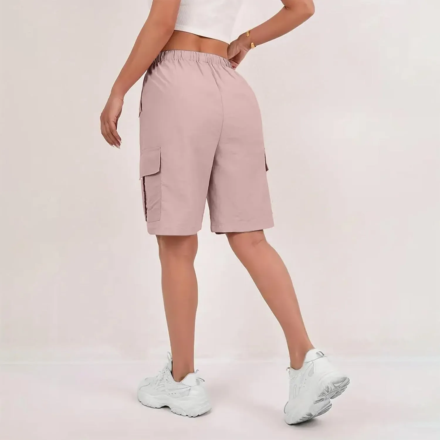 Bermuda Shorts for Women Summer Quick Dry Cargo Shorts with Pockets Outdoor Drawstring Knee Length Hiking Short