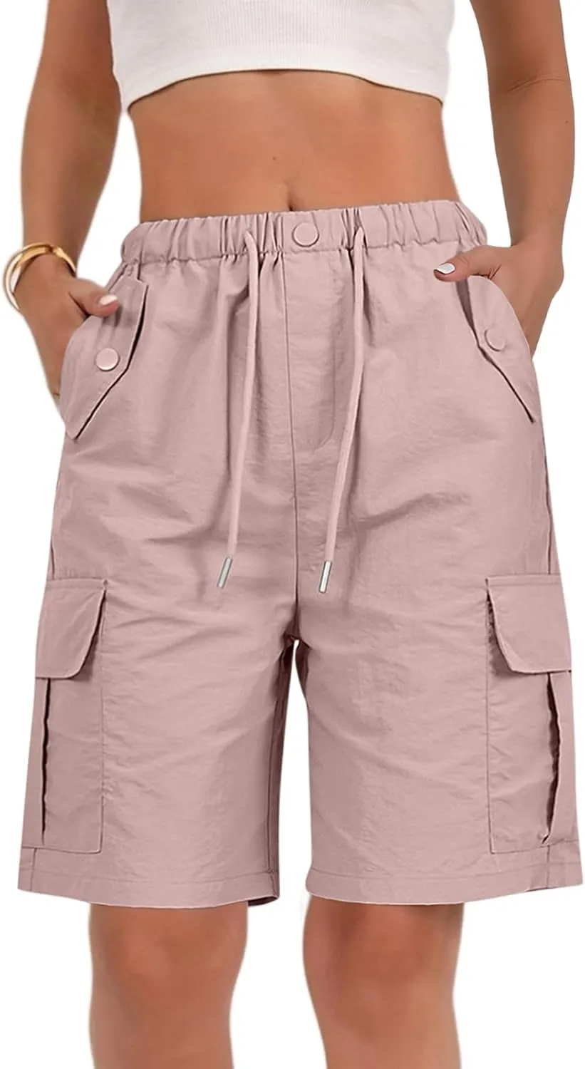 Bermuda Shorts for Women Summer Quick Dry Cargo Shorts with Pockets Outdoor Drawstring Knee Length Hiking Short