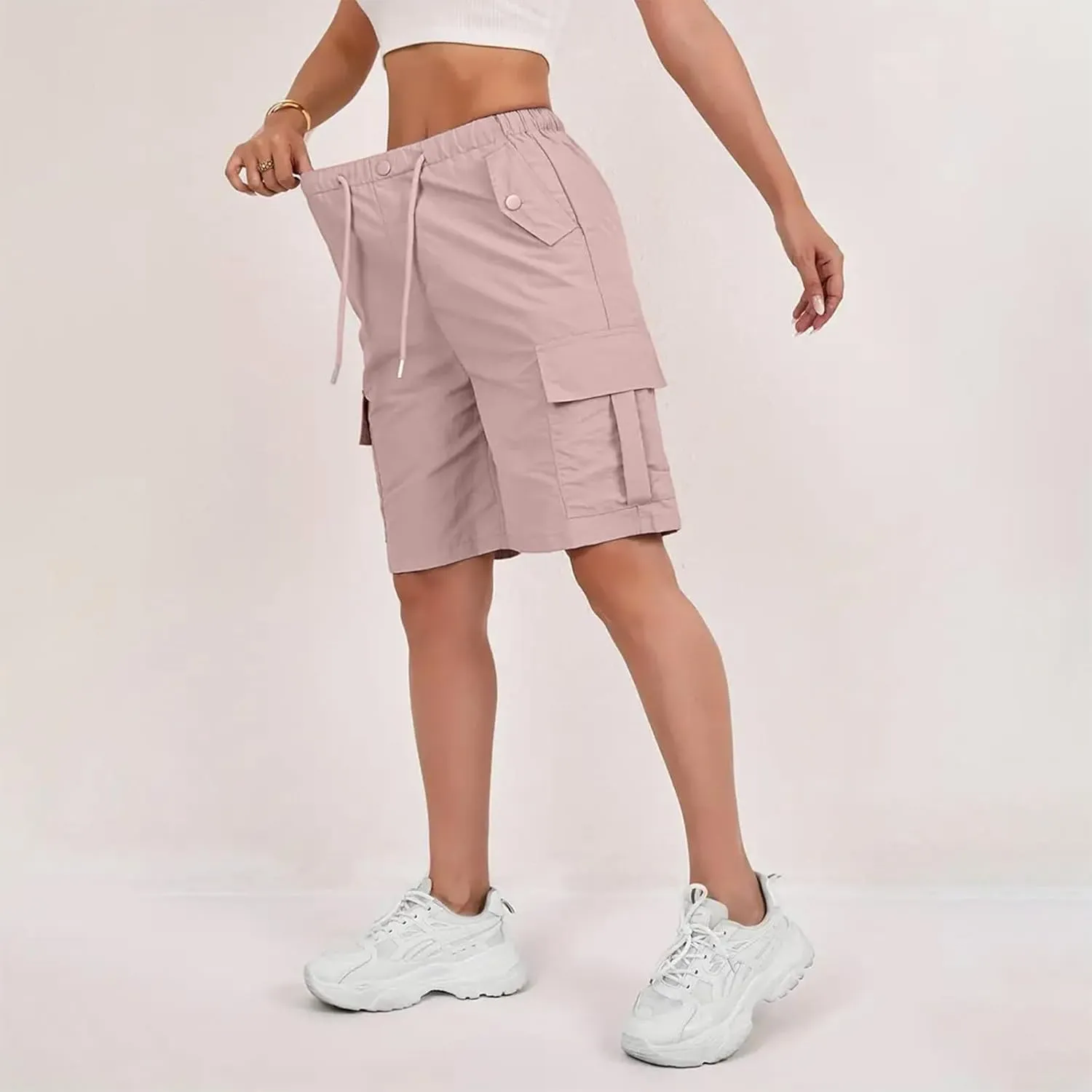 Bermuda Shorts for Women Summer Quick Dry Cargo Shorts with Pockets Outdoor Drawstring Knee Length Hiking Short