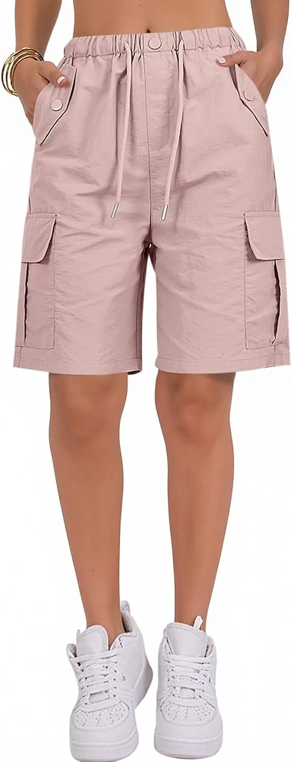 Bermuda Shorts for Women Summer Quick Dry Cargo Shorts with Pockets Outdoor Drawstring Knee Length Hiking Short