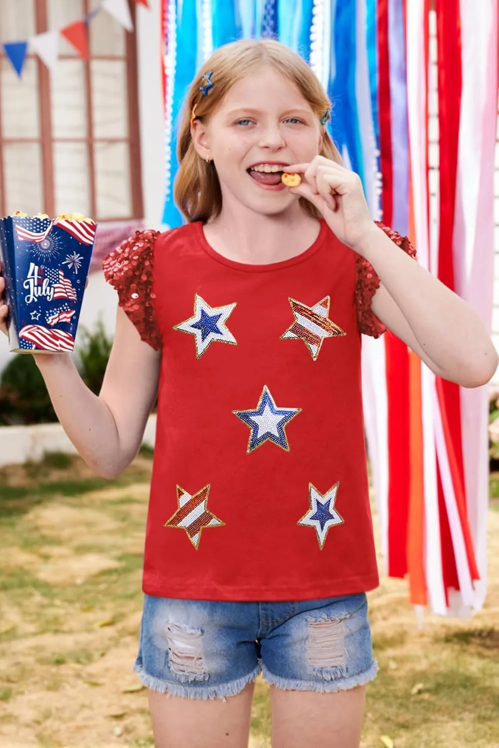 BesserBay Girls 4th of July Sequin Ruffle Sleeve Tank Top Crew Neck Red White Blue Shirt 4-12 Years