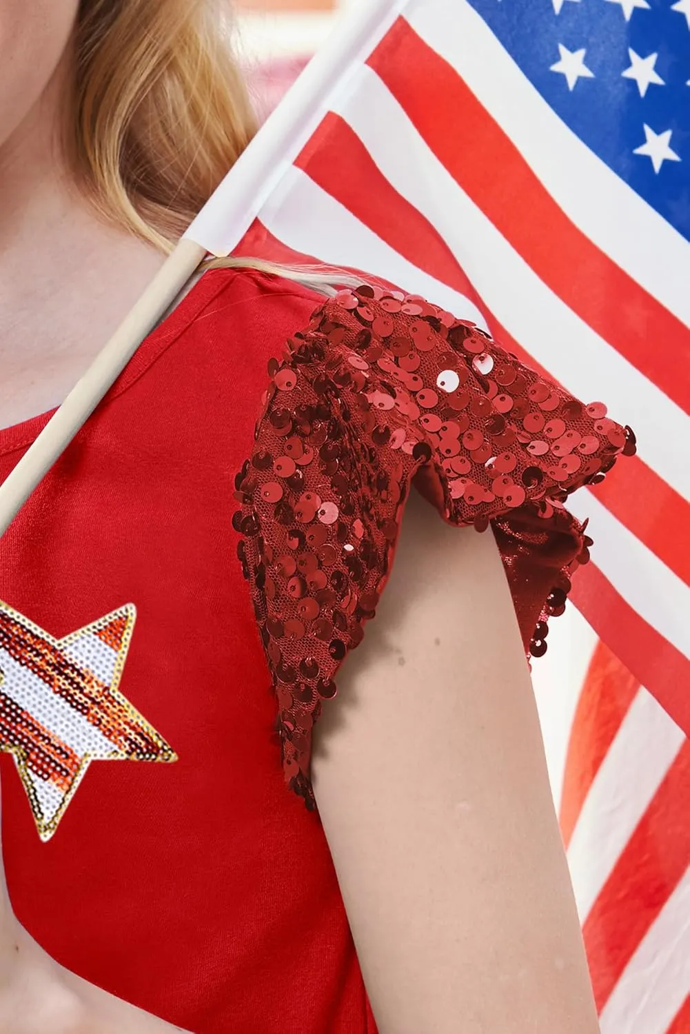 BesserBay Girls 4th of July Sequin Ruffle Sleeve Tank Top Crew Neck Red White Blue Shirt 4-12 Years