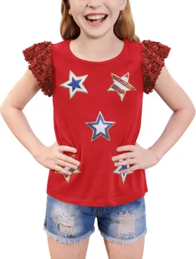 BesserBay Girls 4th of July Sequin Ruffle Sleeve Tank Top Crew Neck Red White Blue Shirt 4-12 Years