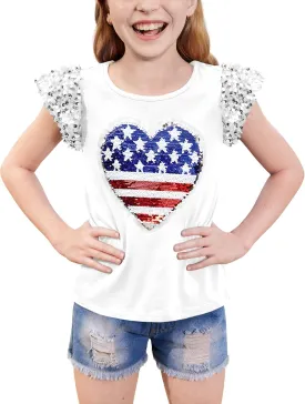 BesserBay Girls 4th of July Sequin Ruffle Sleeve Tank Top Crew Neck Red White Blue Shirt 4-12 Years