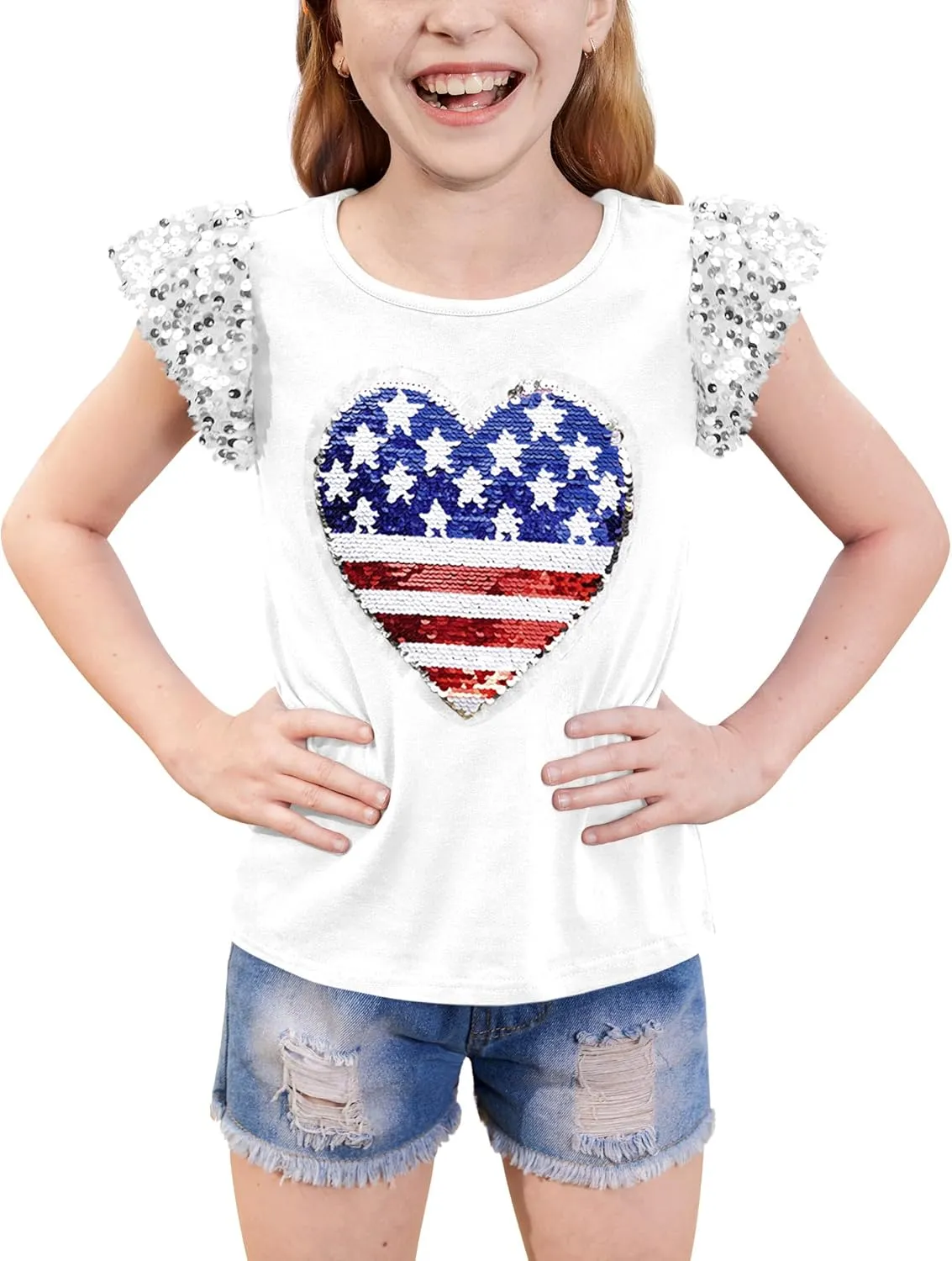 BesserBay Girls 4th of July Sequin Ruffle Sleeve Tank Top Crew Neck Red White Blue Shirt 4-12 Years