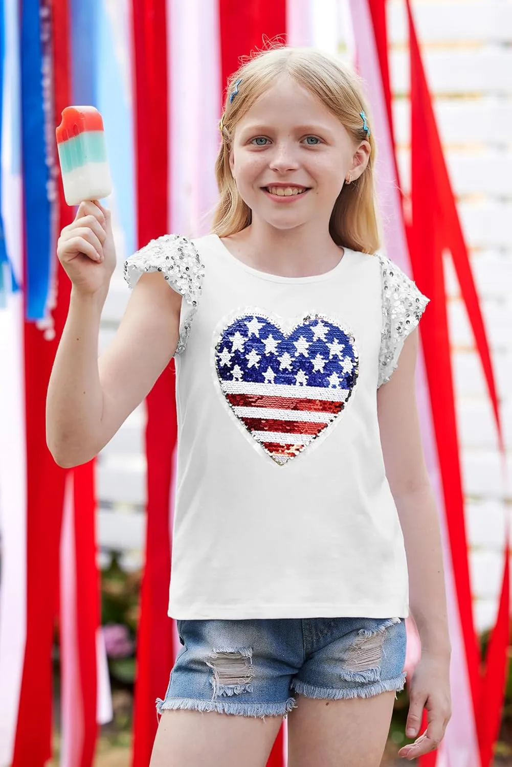 BesserBay Girls 4th of July Sequin Ruffle Sleeve Tank Top Crew Neck Red White Blue Shirt 4-12 Years