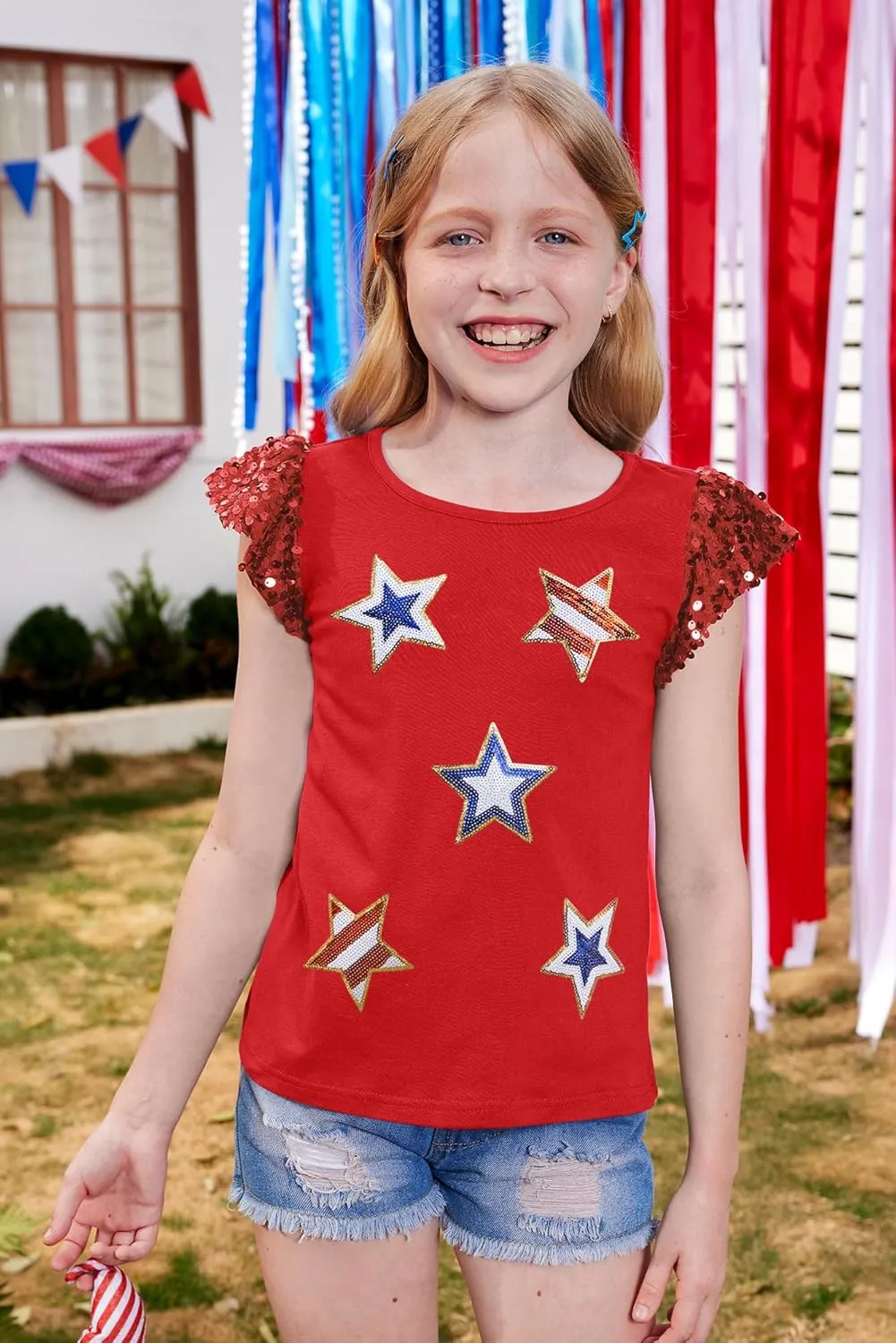 BesserBay Girls 4th of July Sequin Ruffle Sleeve Tank Top Crew Neck Red White Blue Shirt 4-12 Years