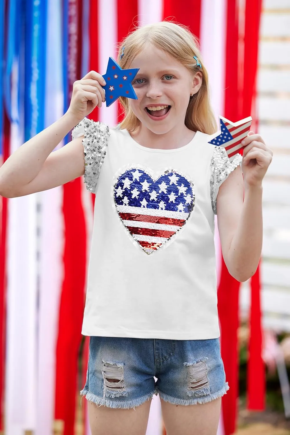 BesserBay Girls 4th of July Sequin Ruffle Sleeve Tank Top Crew Neck Red White Blue Shirt 4-12 Years