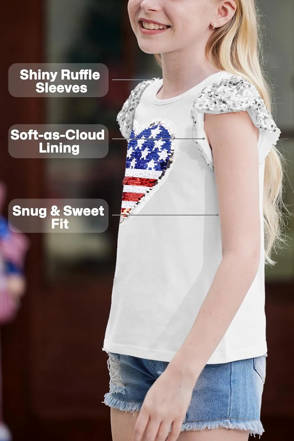 BesserBay Girls 4th of July Sequin Ruffle Sleeve Tank Top Crew Neck Red White Blue Shirt 4-12 Years