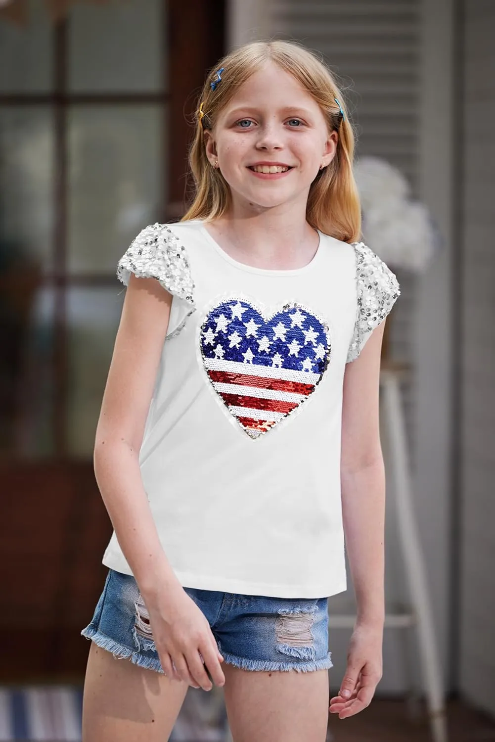 BesserBay Girls 4th of July Sequin Ruffle Sleeve Tank Top Crew Neck Red White Blue Shirt 4-12 Years