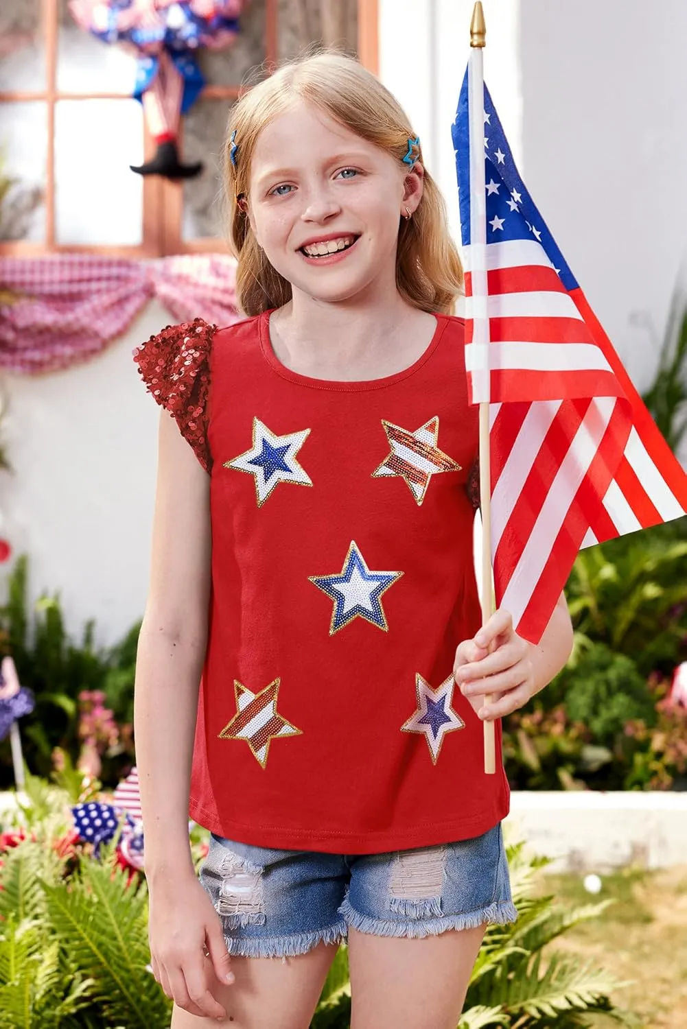 BesserBay Girls 4th of July Sequin Ruffle Sleeve Tank Top Crew Neck Red White Blue Shirt 4-12 Years