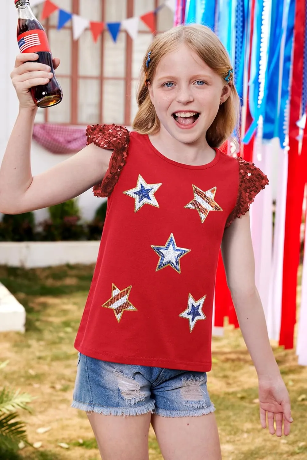 BesserBay Girls 4th of July Sequin Ruffle Sleeve Tank Top Crew Neck Red White Blue Shirt 4-12 Years