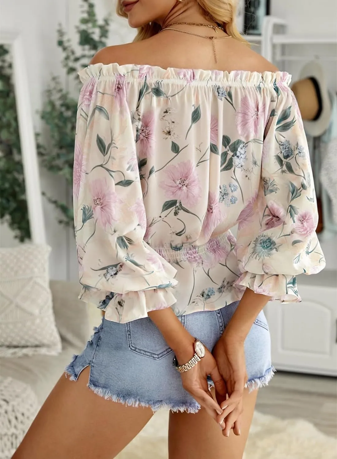 BLENCOT Summer Sexy Off Shoulder Tops for Women Boho Ruffle Sleeve Floral Chiffon Shirts Blouses