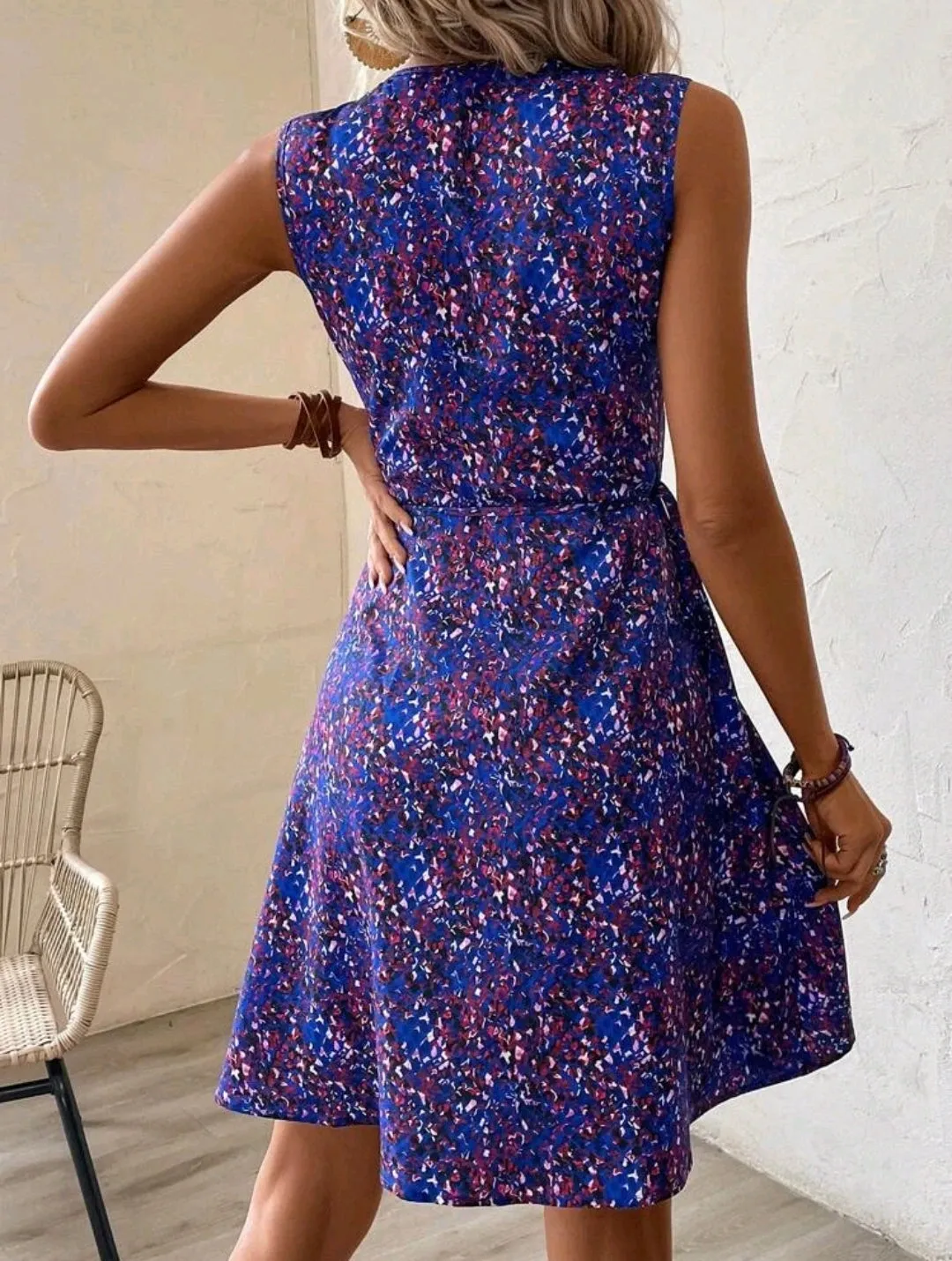 Blue Multicolour V Neck Dress
