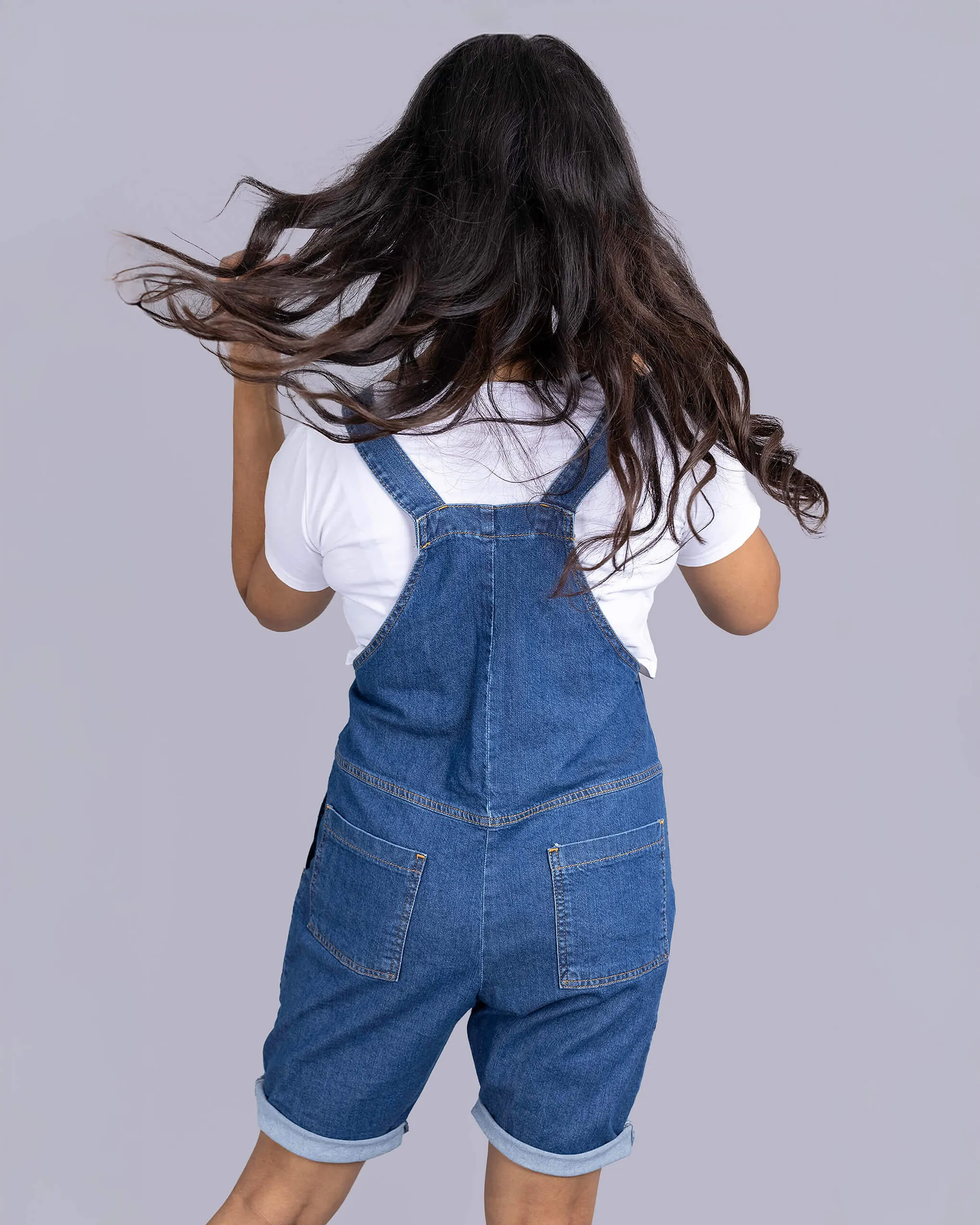 Blue Stone Wash Denim Stretch Dungaree Shorts