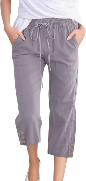 Capris Pants for Women Linen Casual Summer 2025 Drawstring Elastic Waist Comfy Cropped Trousers with Pockets
