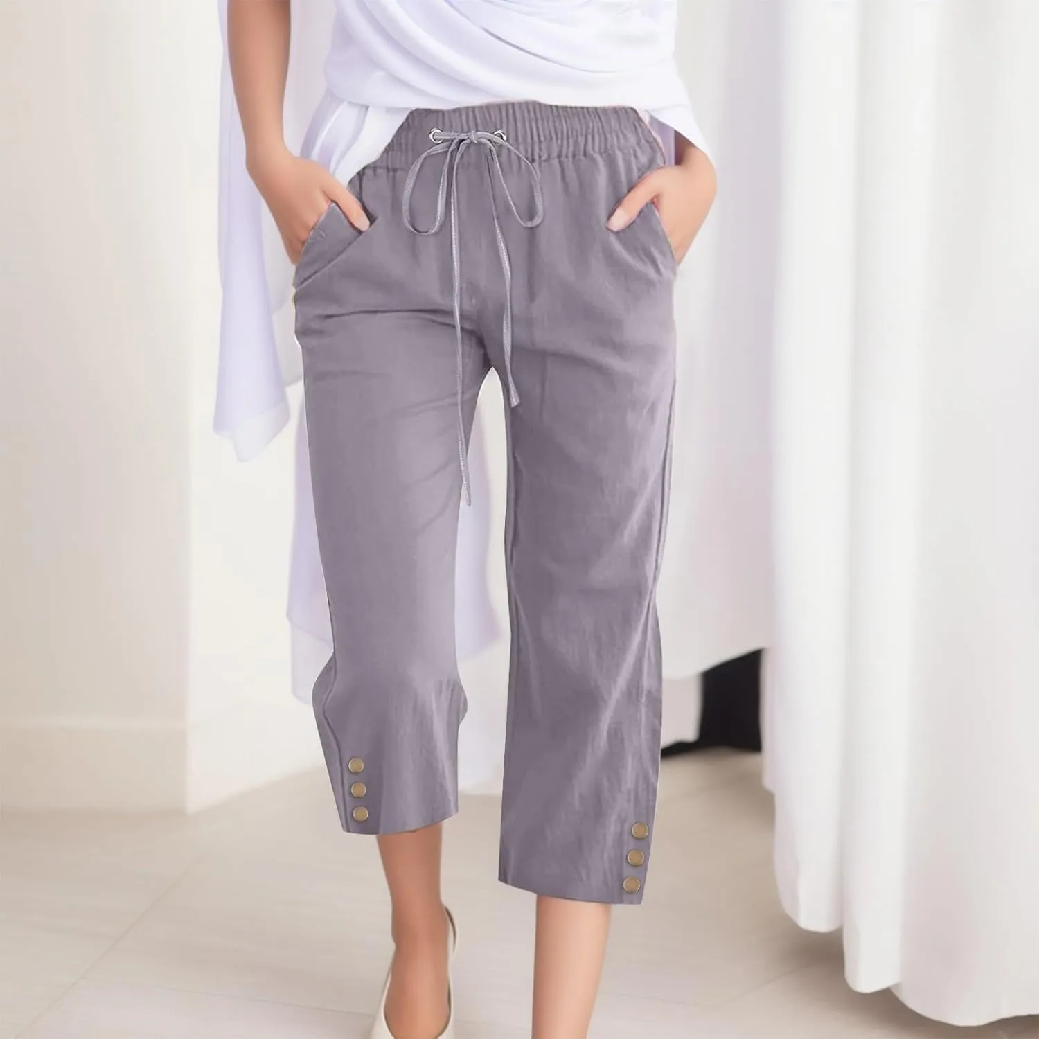 Capris Pants for Women Linen Casual Summer 2025 Drawstring Elastic Waist Comfy Cropped Trousers with Pockets