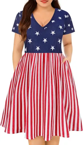 CARCOS Plus Size Dresses for Curvy Women V Neck Short Sleeve Dresses Floral/Striped Summer Boho Dresses with Pocket XL-5XL